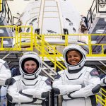 The Inspiration4 crew of Chris Sembroski, Sian Proctor, Jared Isaacman and Hayley Arceneaux poses while suited up